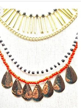 Plunder Gold Tribal Multi-Strand Necklace with Red & Black Beads